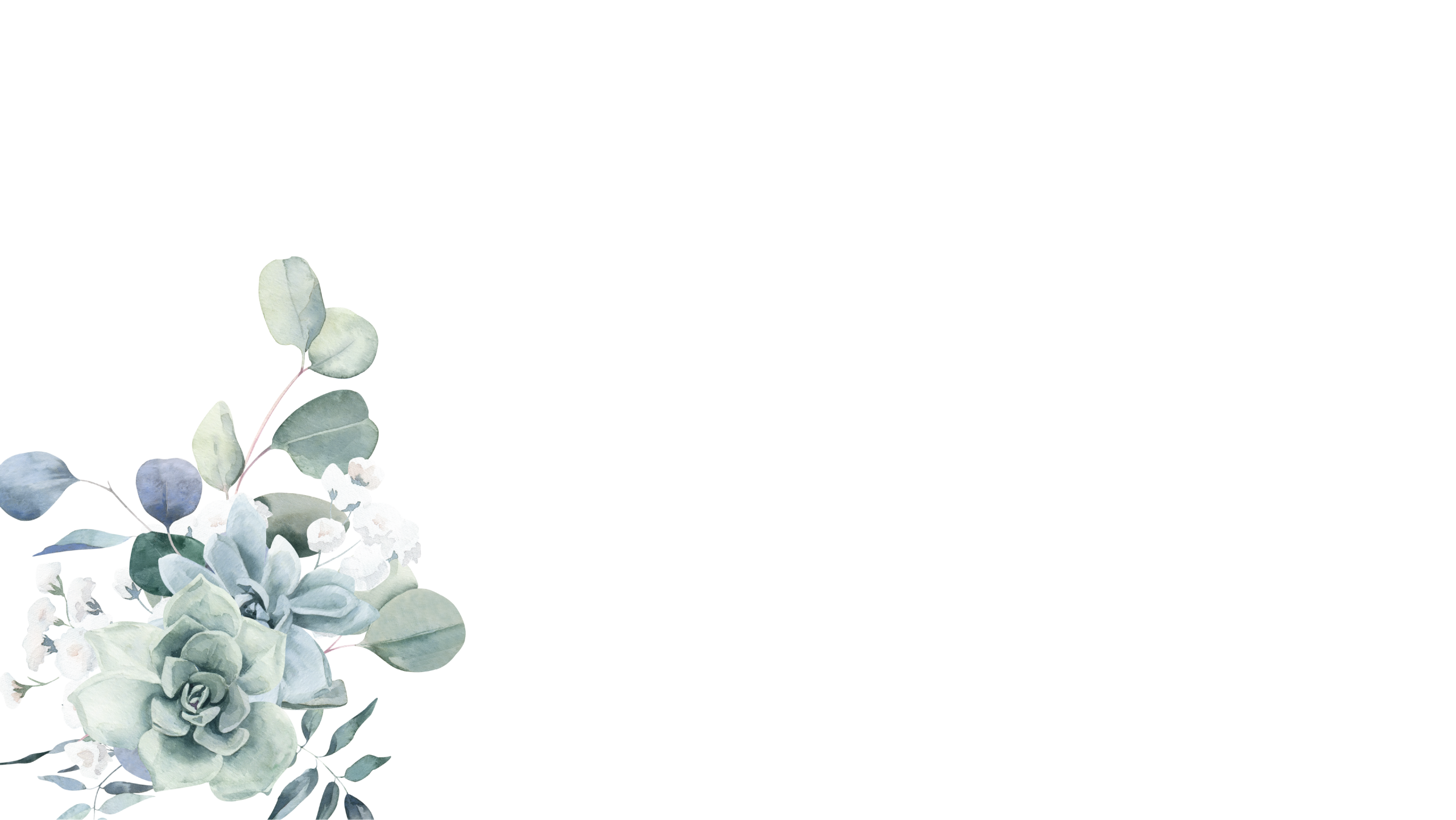 Watercolor illustration of green and blue succulents with eucalyptus leaves and small white flowers in the lower left corner on a light gray background; ideal for promoting therapeutic family connections or couples therapy. The rest of the image is empty.