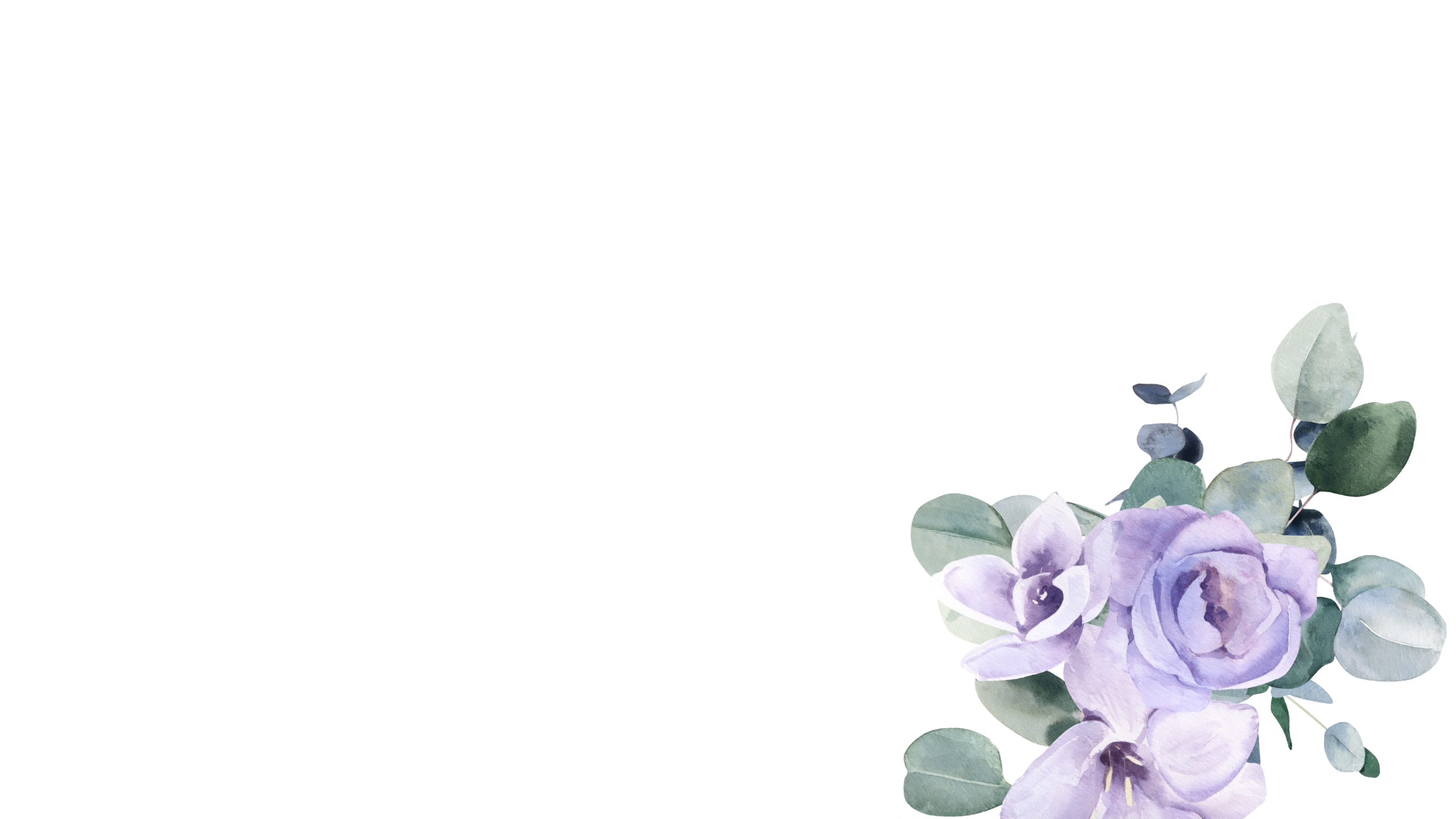Watercolor illustration of purple flowers and green eucalyptus leaves arranged in the bottom right corner on a plain white background, perfect for promoting York co-parenting counseling or therapy services.