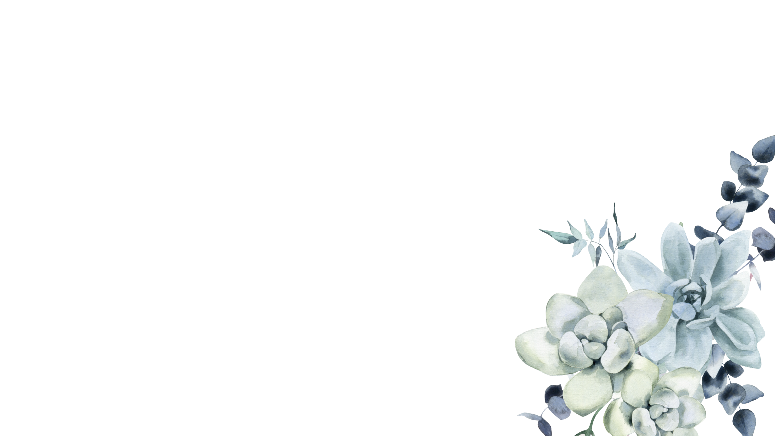 Watercolor-style floral arrangement with green succulents and blue-gray eucalyptus leaves in the lower right corner on a white background—perfect for promoting couples therapy or co-parenting counseling sessions in York with a minimal and elegant look.